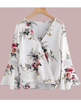 NWOT Wrapped Pink Floral Blouse 3/4 Length Bell Sleeves Size Large